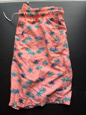 Old Navy Coral Swim Trunks with Teal & Navy Palm Print
